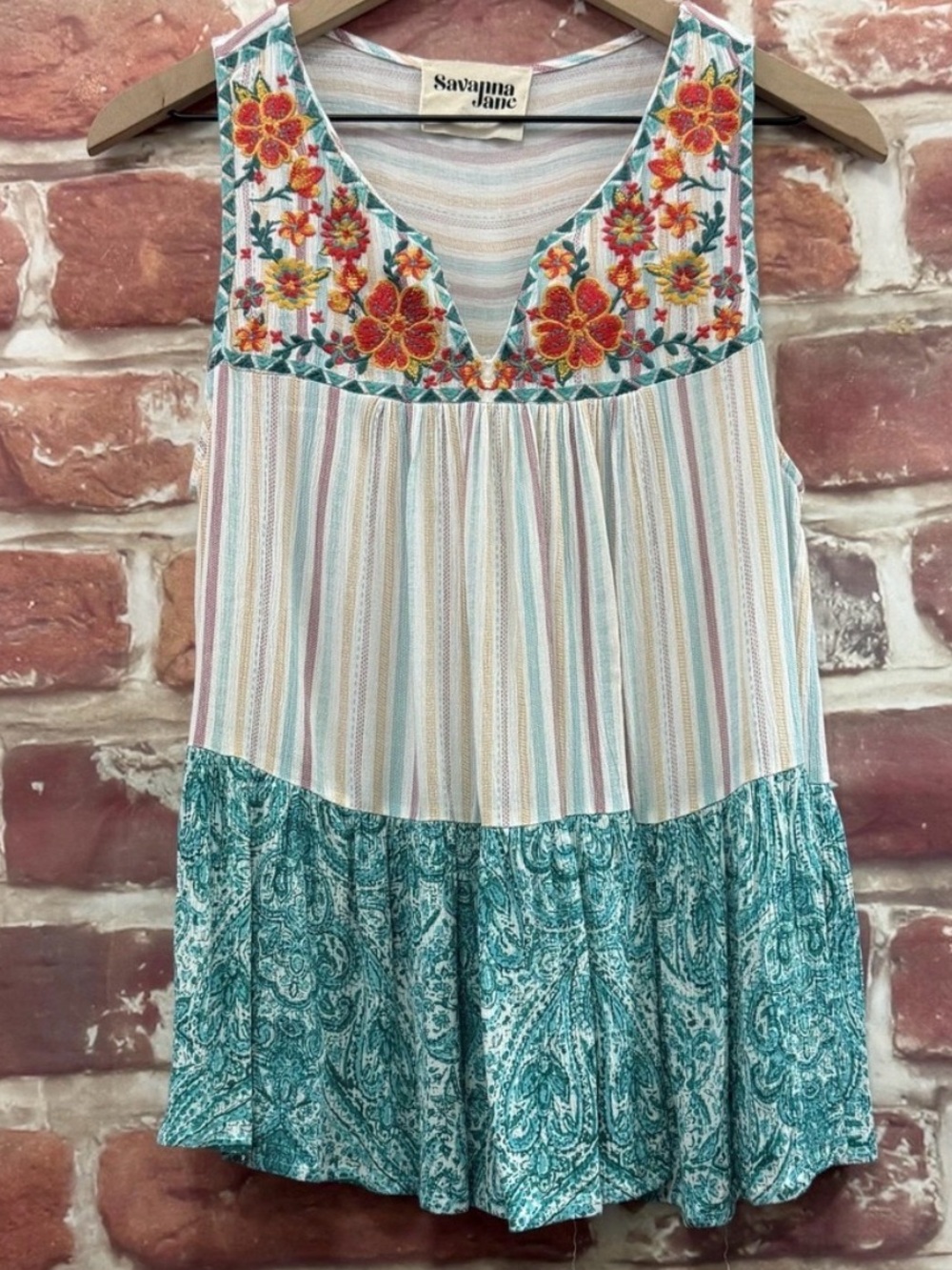 Anthropologie Savanna Jane Top Womens M Multicolor Boho Floral Embroidered Shirt